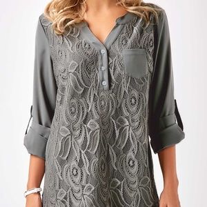 Grey Lace Panel Roll Tab Sleeve Blouse